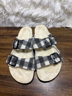 Birkenstock Black & Cream Plaid Faux-Sherpa Two-Strap Sandals